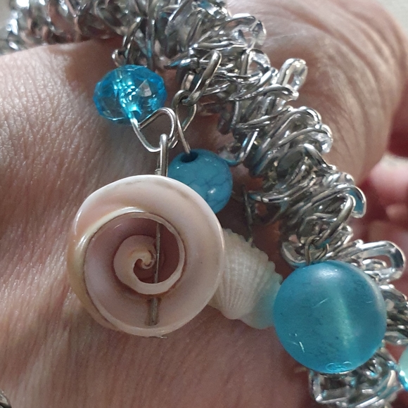 Silver, Shells, Beads, Stretch Bracelet - Picture 3 of 9